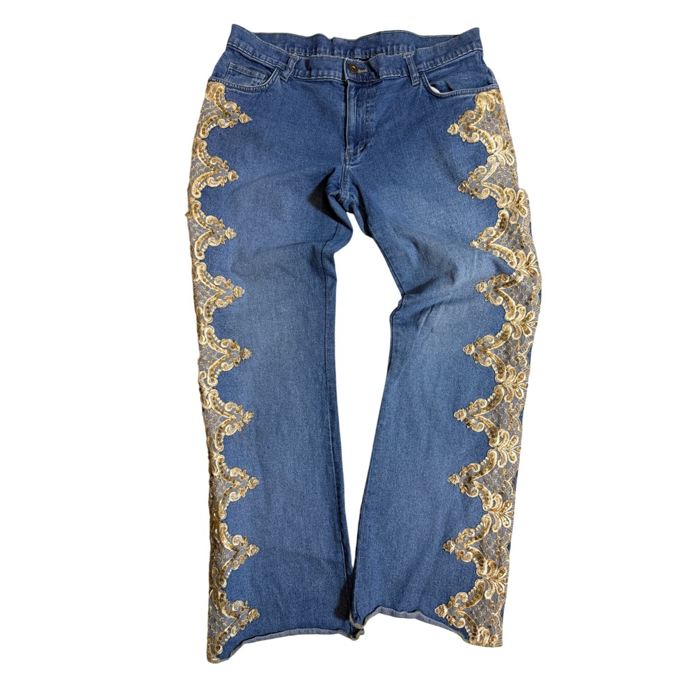 Mixit Stretch Womens Blue Denim Gold Lace Sequin Embroidered Flare Jeans Sz 14